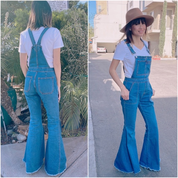 Boho Denim Vintage Style Flared Bell Bottom Wide Leg Overalls - Picture 2 of 5